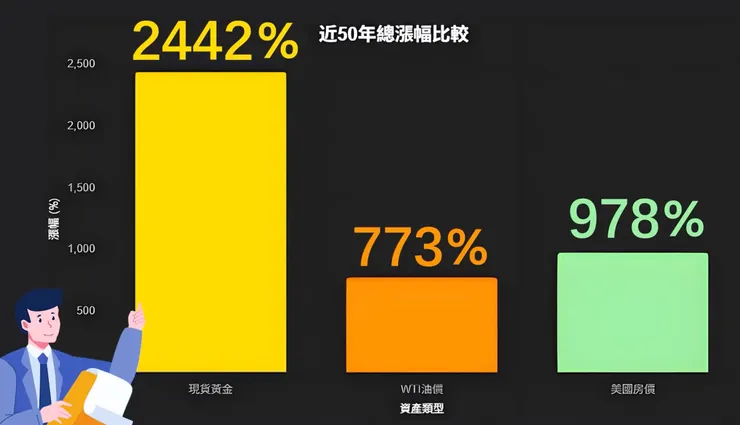 黃金VS原油VS美國房價50年漲幅