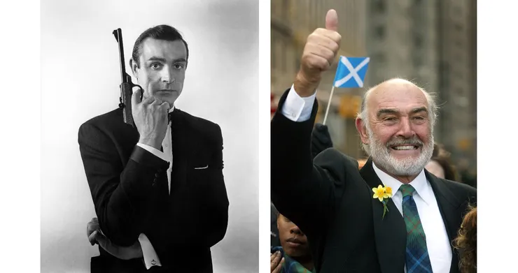 【附圖.1： Sean Connery 的第一代 007 角色定裝形像照 / Sean Connery 生前曾致力於 Scotland 之 Independence (沒恃攀依附之名義) 的運動 / 我們可以看到 Scotland 旗幟上的圖案顯然也和 Scot 一字直接相關，也許就是「Scot = 斜cross偶直 = 斜交偶丨= 斜交丨丨 = X」這樣簡單的關係，再加上「Scot = Sea監偶ten = 海監偶十 = 海監十十 = 海監艹 = 海藍」作爲大面積海藍底色的設計之根據 / 圖片採編自網路】