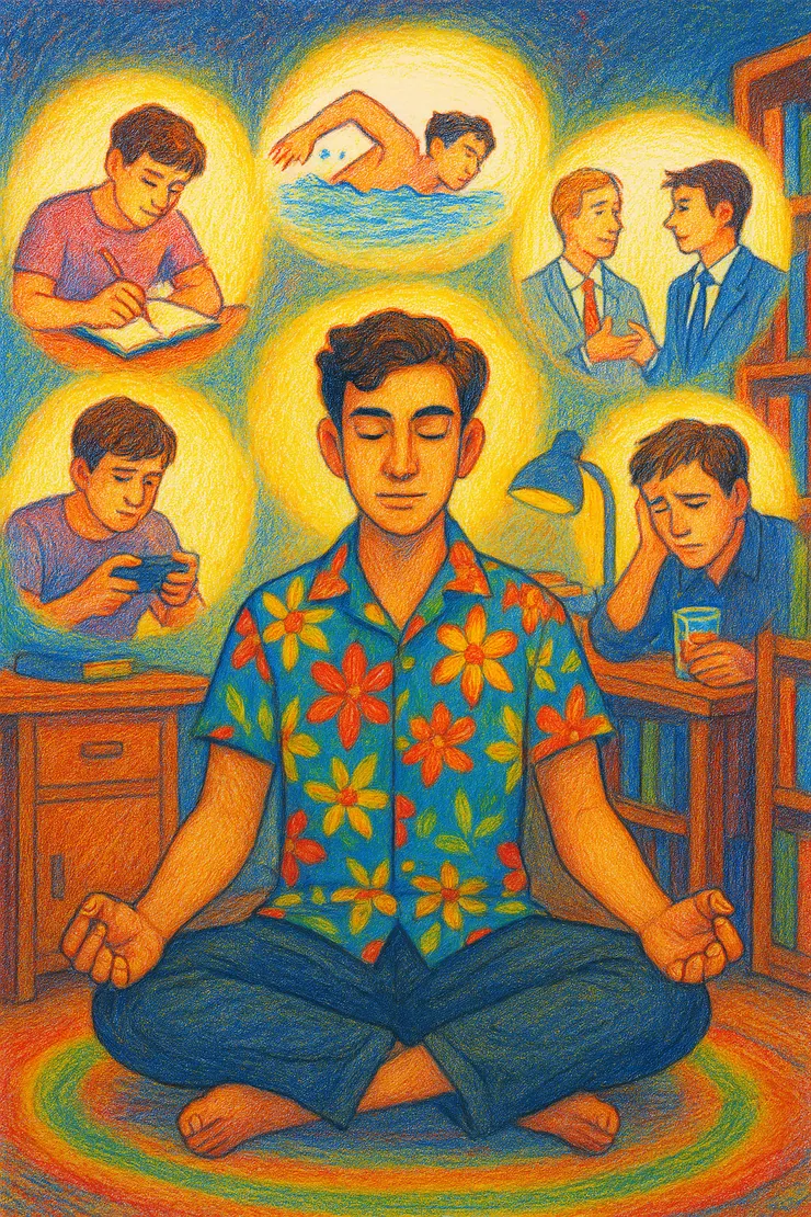 AI示意圖：冥想中的男子，觀察大腦各種正面與負面的記憶，他會選擇如何對待這些記憶畫面呢？