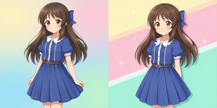 範例：用自然語言風格輸入所產生的圖片。Prompt：Draw an amazing anime-style digital illustration of zzArisuTachibana against colorful background. She has sidelocks and blue hair bow. She wears blue dress, pleated skirt, short sleeves, white collar, buttons, brown belt.