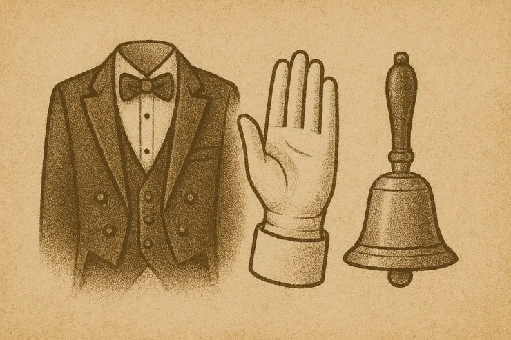 現代→燕尾服、白手套、手搖式鈴鐺。(現代執事的專業形象)〈此插圖由AI協助生成。〉