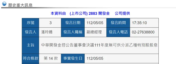 資訊來源：開發金宣布不發放特別股股利，公開資訊觀測站