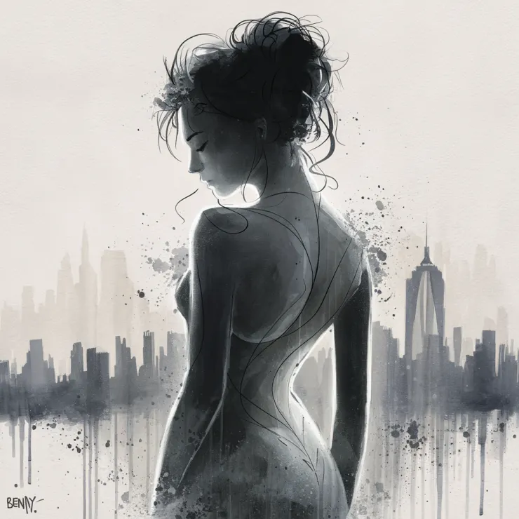A mesmerizing, minimalist artwork that captures the essence of a woman in silhouette, skillfully rendered with fine-line black ink stencil. The delicate lines and shapes of her figure are gently illuminated by soft splashes of muted watercolor paint, creating a striking contrast against the background. The artist, BERNY, masterfully combines graffiti, painting, and illustration styles to create a cinematic experience that captivates and intrigues. The iconic NYC skyline serves as a backdrop, and the piece is signed by the artist. This powerful illustration pays homage to artistic influences such as Norman Rockwell, Gustave Courbet, Steve Hanks, Moebius, Boris Vallejo, Jen Christiansen, N.C. Wyeth, and Frank Frazetta., painting, graffiti, illustration