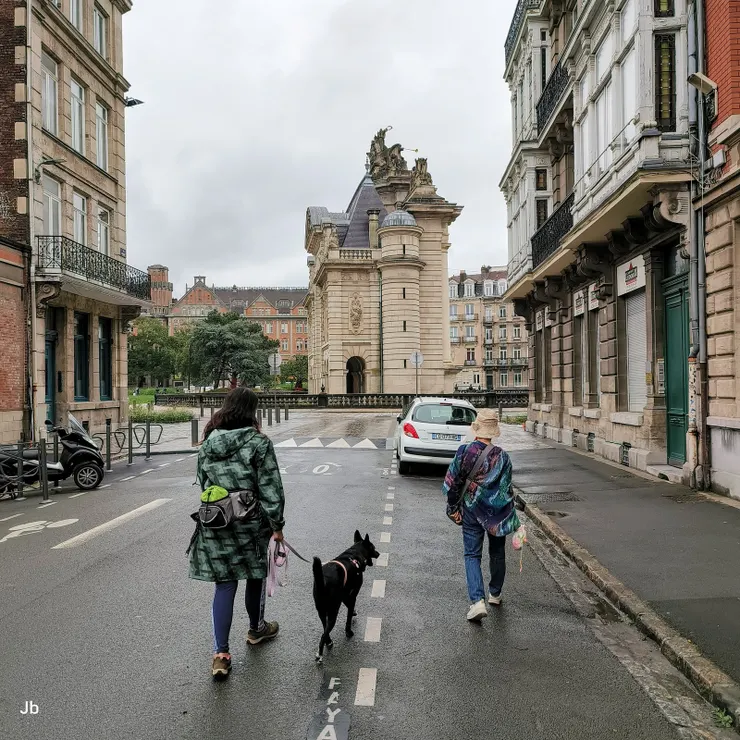【雨歇外出遛狗踩著隨興的步履，巴黎門標誌里爾圍城戰的勝利！走没多久，巴黎門在望。】