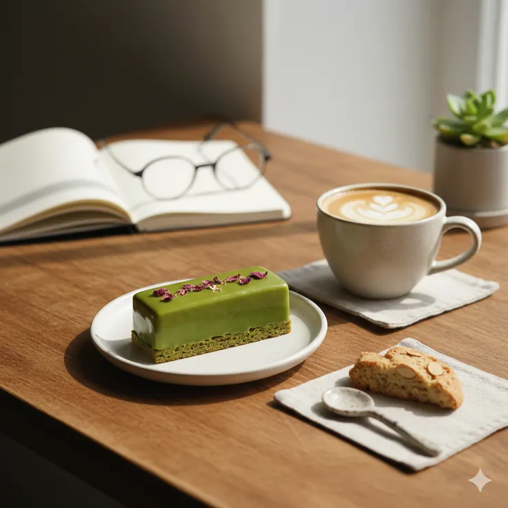 精緻甜點與咖啡擺放在木質桌面上，自然光，溫柔文青風格，適合咖啡廳社群貼文