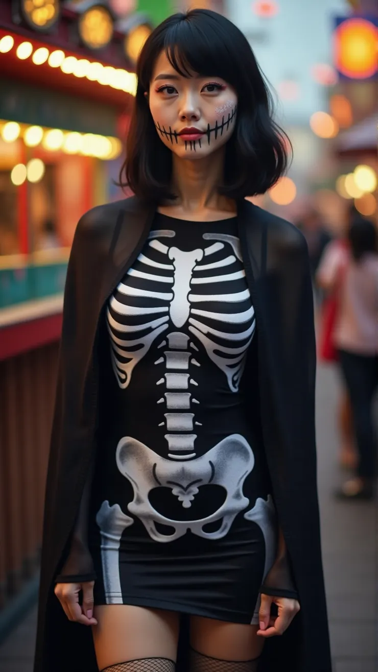 Skeleton-print bodycon dress, sheer black cape, thigh-high fishnet stockings, skull face makeup, The background is an amusement park celebrating Halloween.