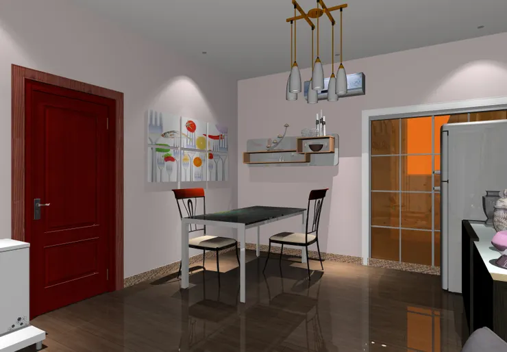 飯廳裏的桌椅。旁邊的是大門。