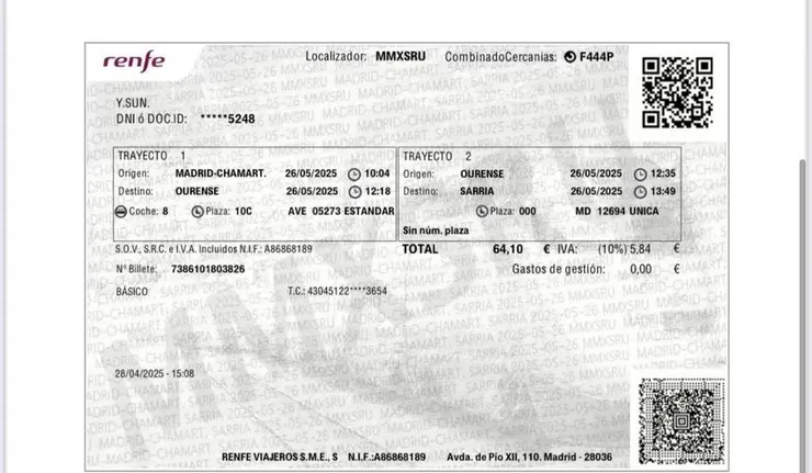 這張是聖馬丁車站到Sarria的 Renfe火車票，中間在ourense要換車。進站掃票上面的QR code即可。(感謝Maggie代訂🫶）