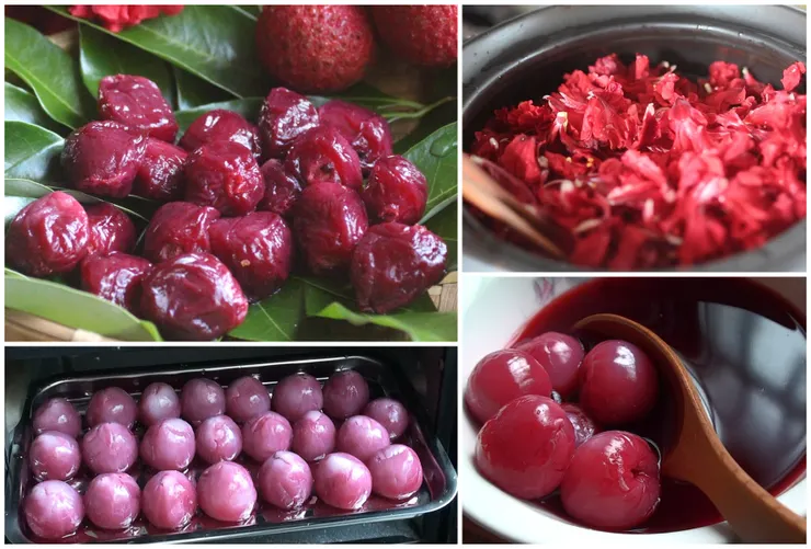 紅鹽法荔枝乾作法把鹽梅滷浸扶桑花作成紅漿，再投荔枝進去醃漬，曬乾(或烤乾)後，色紅而甘酸。編輯