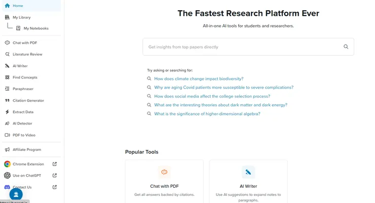 SciSpace首頁--左側有列出各項功能