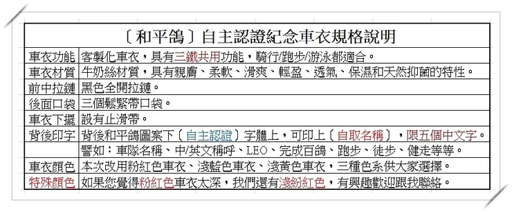 〔和平鴿〕自主認證紀念車衣規格說明