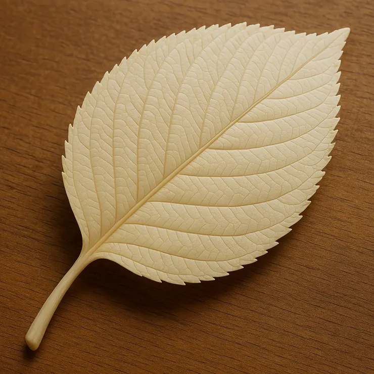 莫辨楮葉，意指用象牙雕琢而成的楮葉 (構樹的葉片)，極為逼真，讓人無法區分是來自樹上真正的葉子？還是由象牙雕琢而成的葉子？ (小昕咒語Copilot繪圖)