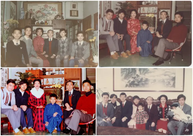 後來的彩色照片，容易褪色模糊，而一機在手，便陶然忘了相館。JB大學時代及婚後1994年初新年家人合影。