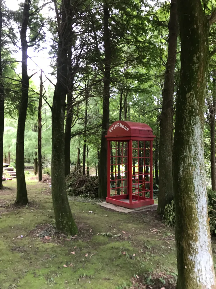 森林裡的電話亭（往面向白色教堂左側的路下去可達）