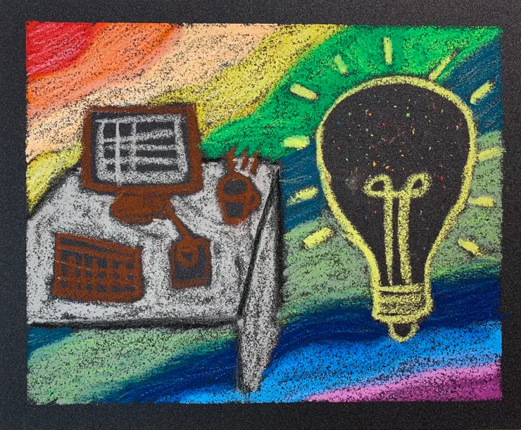 我的作品《What a creation!》：燈泡代表點亮創意，彩色背景代表受恩膏的天賦