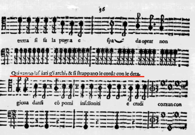 蒙特威爾第《第八冊牧歌》截圖，畫線處他指示樂團放下用，用手指撥弦。（公有領域）