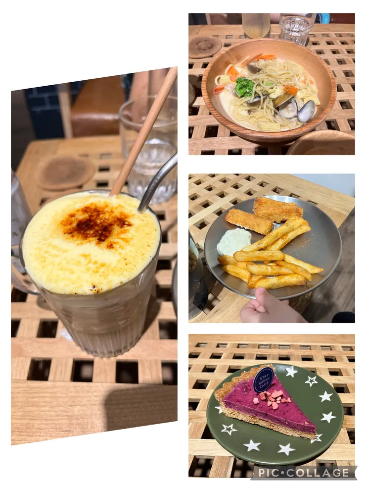 左焦糖烤布蕾鮮奶茶，右上海鮮白醬義大利麵、炸魚薯條、起司莓果塔。