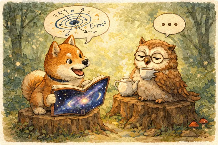 指令：根據我們之前的對話，生成一張圖，真實呈現我和你的互動關係，並用動物來表現你跟我，繪本插畫風格。