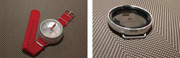 圖八:CAN WATCH產品本體(左)、圖九:原包裝的「PLEASE RECYCLE(可持續包裝)」字樣