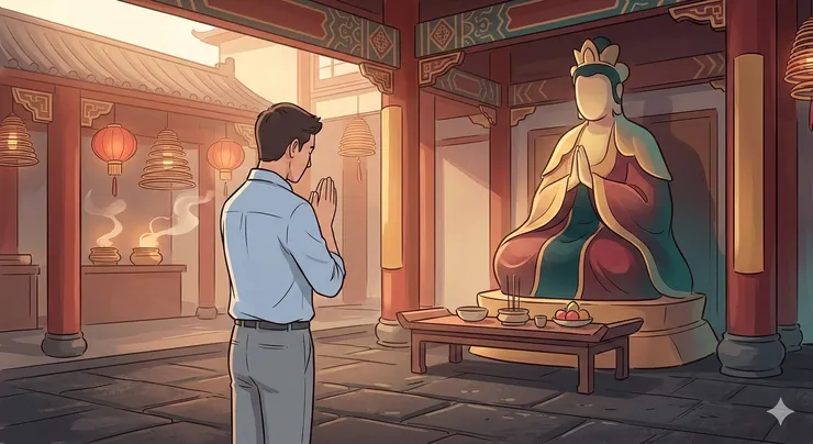 廟裡參拜示意圖，利用AI工具Gemini生成。