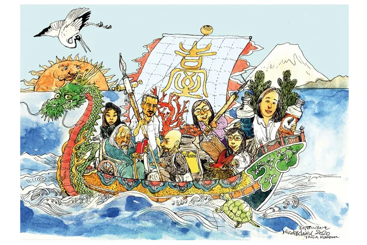 書中收錄了邱顯洵為編輯團隊所畫的漫畫。他將這頁的標題取為「同舟共濟,追尋台灣歷史」。(大寬文化提供)