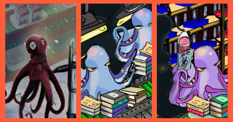 幽暗地穴裡，有三隻章魚。（AI+抱城 繪製。）