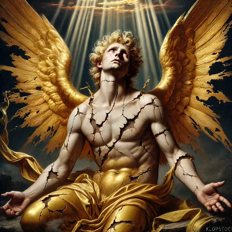 他是墮落的熾天使，深感懊悔自己的叛變。畫面展現了他破損卻仍然閃耀的翅膀，象徵著他的墮落與仍存的光明。他身披裂痕斑駁的金色鎧甲，反映了內心的矛盾與痛苦。他仰望天際，充滿悔意，而背景是一片昏暗的天空，僅有幾縷神聖的光芒穿透雲層，象徵他與神性的殘存聯繫。這幅畫希望能表現出他的複雜情感與命運
