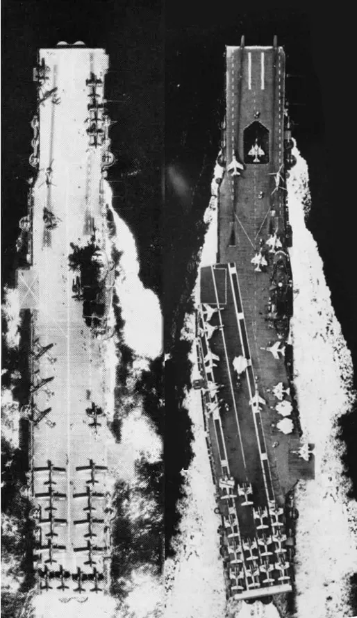 無畏號航空母艦SCB-27 C（左）和SCB-125 （右）的合成比較圖。