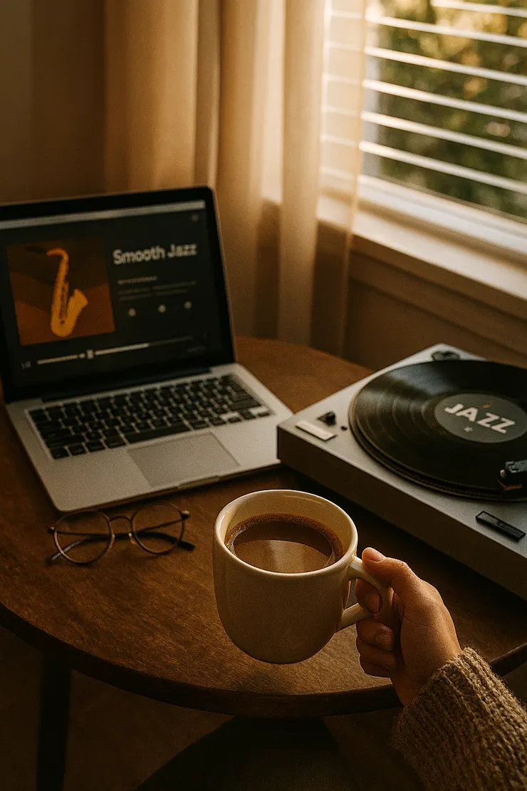 在家喝咖啡搭配輕爵士音樂，感受早晨的美好