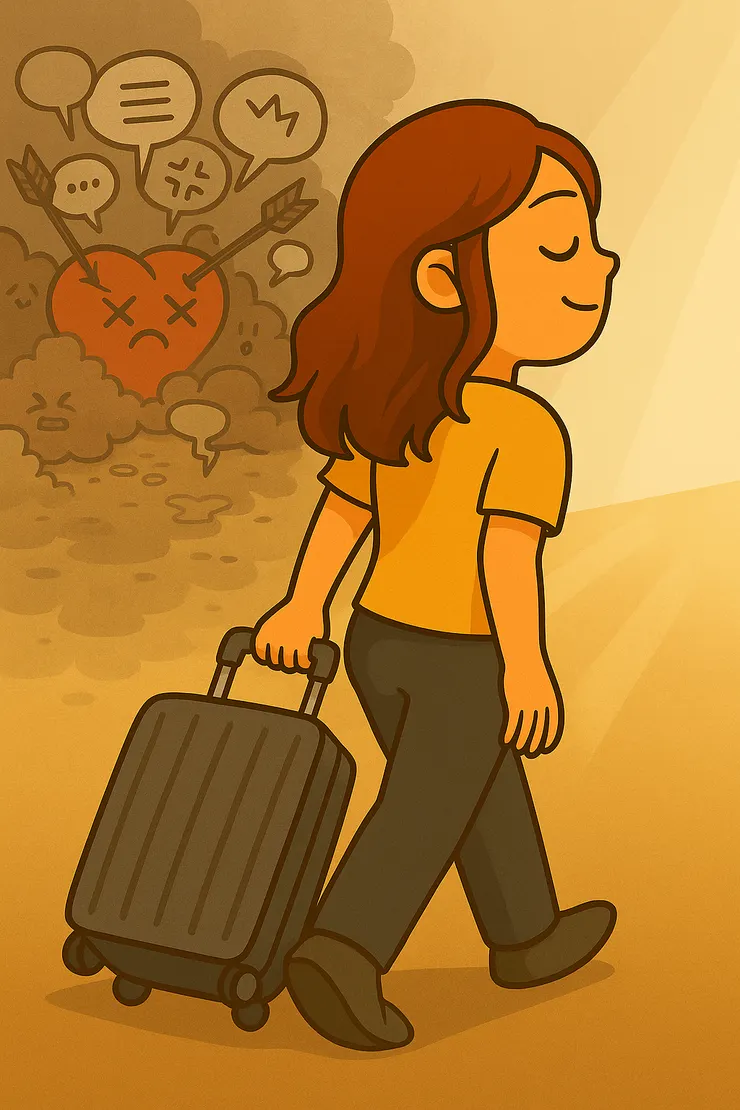 紅心Q（那個容易受傷的我）提著行李箱，身後是一個塵土飛揚、吵雜的場子，空氣裡滿是箭矢與雜亂的對話泡泡。 她回頭望了一眼，眼神裡還有點感慨，但更多的是釋然。  也是因為我擁有紅心Q高敏感的特質，她常常提醒著我—這樣的環境或許對我來說太複雜、太刺激了。 也因為明白自己的不合適，反而讓我看見改變的機會。 或許，轉身離開並不是逃避，而是一個更好的選擇。