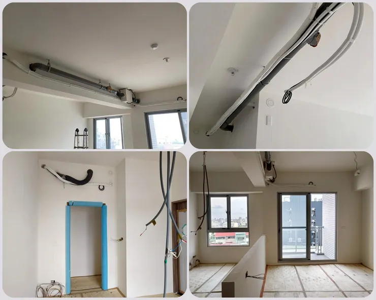 全屋安裝建商附贈的新風系統，設計師特別細心地更換了美觀的出風蓋板，讓天花板視覺更簡潔。