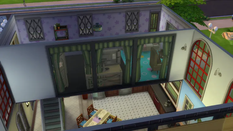 從外部看女主人的房間是這樣的。我特意加了窗簾，因為大窗能增加空間感，也能看到對面的房間和樓下，但要能維持私穩比較好。