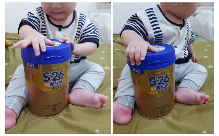 ▲我跟爸爸看著麵麵喝 S26 金愛兒樂喝得很順，有時甚至到了喝奶時間她會主動爬去抓 S26 金愛兒樂。