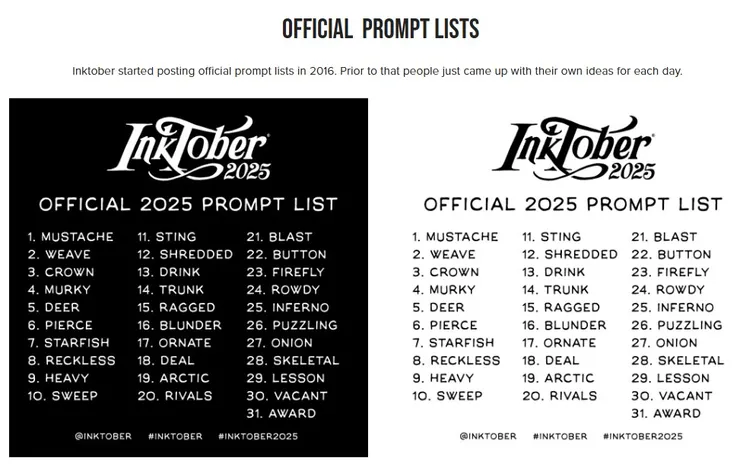點擊＂Inktober Classic Guidelines＂後就可以看到Inktober當年的提示列表，可用來參考。
