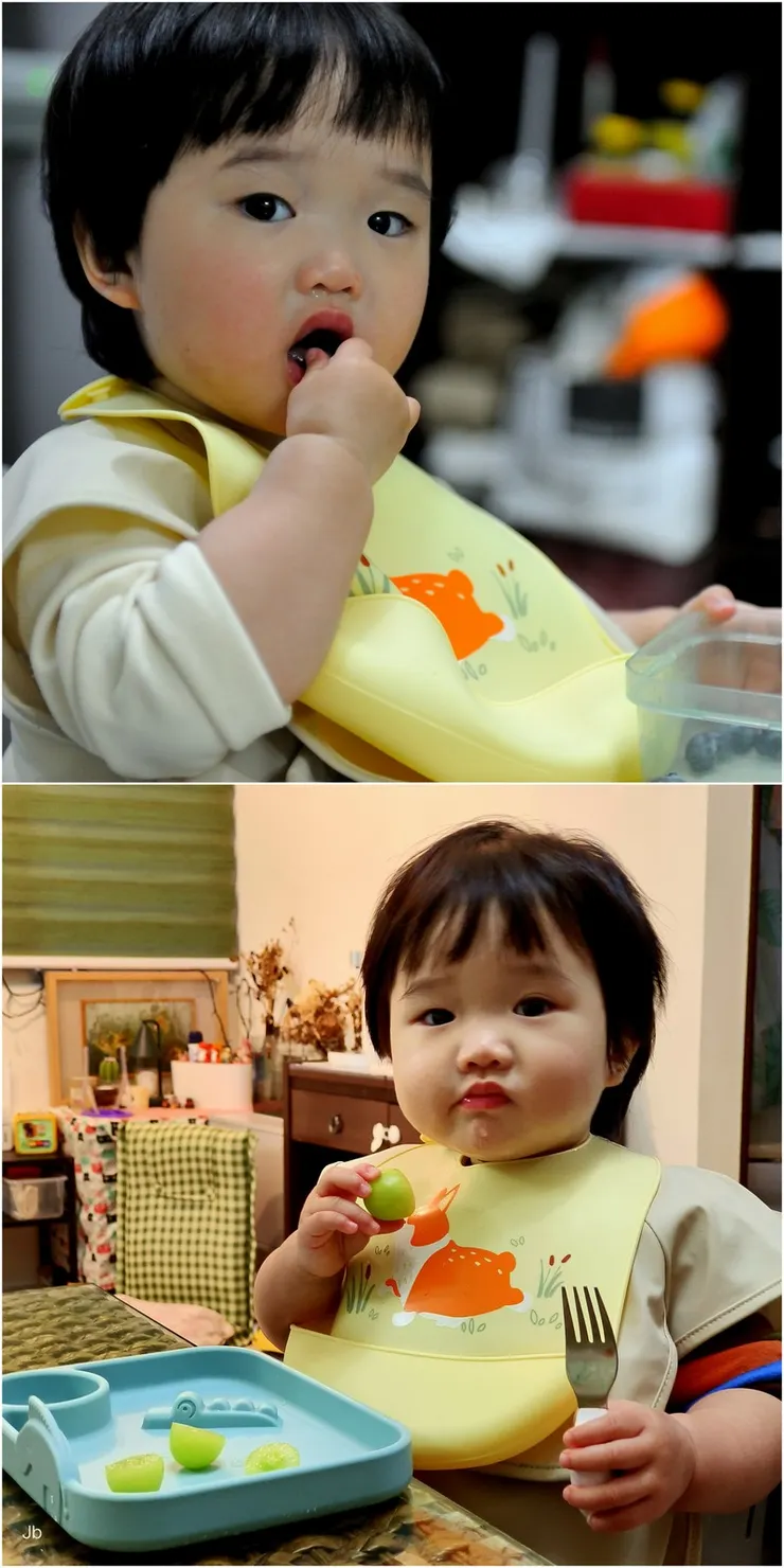 【要吃總急如星火兩老焦頭爛額！帶萬萬期間，大概只有吵著要吃飯時會聽到她哭兩聲，教她要等等，飯飯還燙燙，並引導她去摸，後來果然聽到等等會比較冷靜。這是在吃飯前水果，她最喜歡葡萄和藍莓 。】