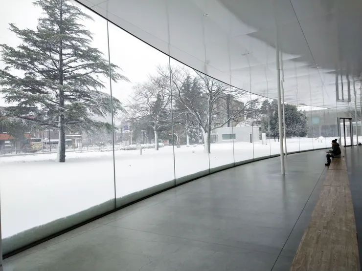 在美術館內欣賞戶外紛飛的大雪