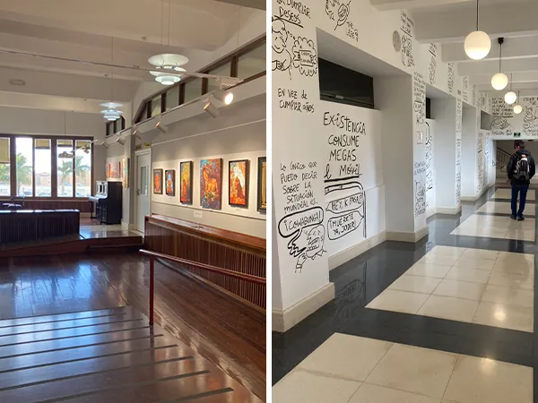 (左)文化中心的咖啡廳 (右)整牆像漫畫塗鴉的展覽