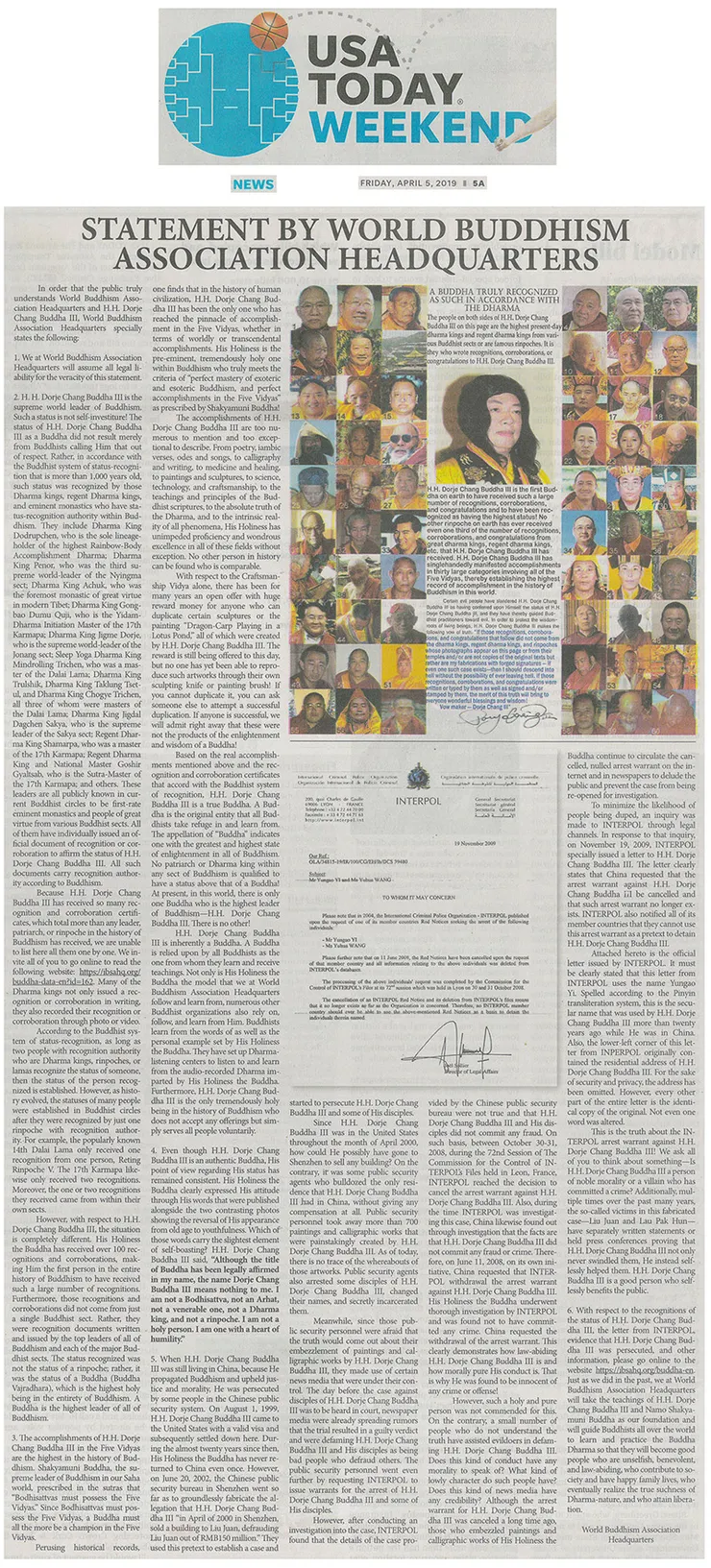 今日美國報 2019年4月5日刊登世界佛教總部聲明
