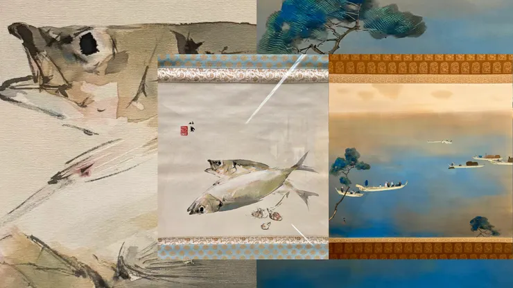 左：鮮魚｜竹內栖鳳,1929年頃,福田美術館藏。 右：海光清和｜竹內栖鳳,1926年頃,福田美術館藏。