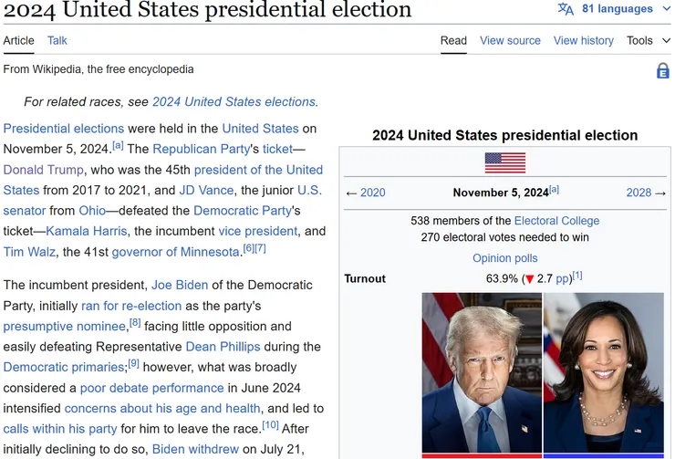 2024 年美國總統大選維基百科頁面