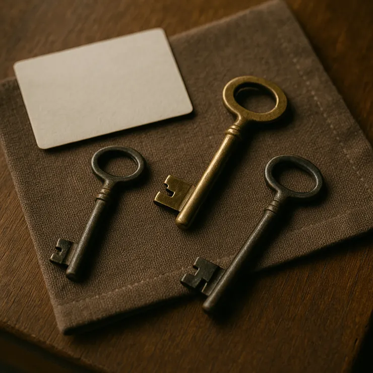 木桌中央鋪著布；三把鑰匙橫放，中間那把已磨得發亮；旁有一張空白卡。