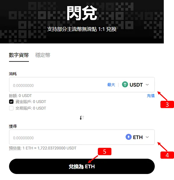 OKX交易所｜閃兌/提幣，USDT to ETH，使用教學