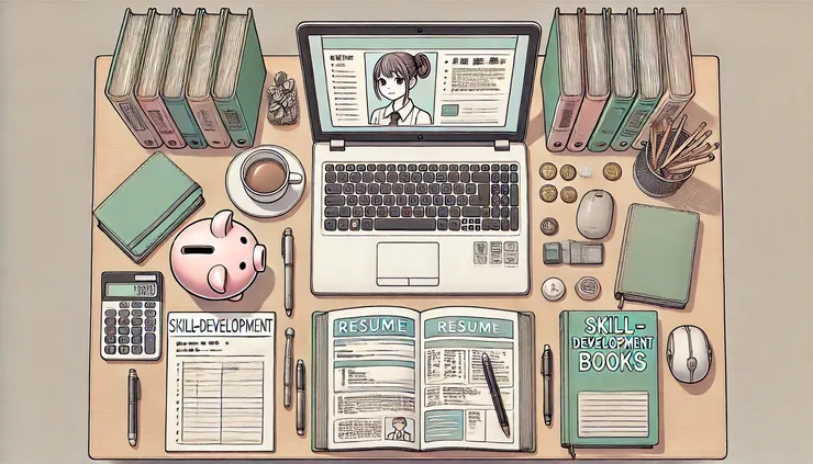 整齊的辦公桌，上面有筆電、履歷表、存錢罐、技能書籍和咖啡