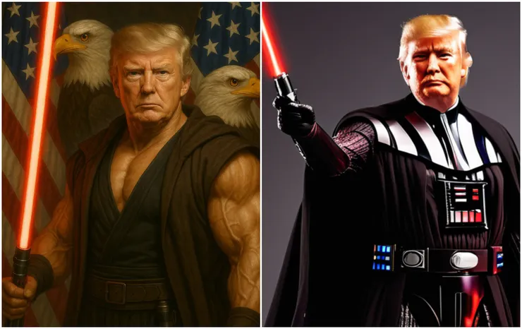 川普曾用AI生成圖片把自己變成絕地武士，但是他對於好萊塢而言，似乎更像是屈服於黑暗原力、心懷怨懟的黑武士達斯維達。圖片來源：X、AI生成圖片