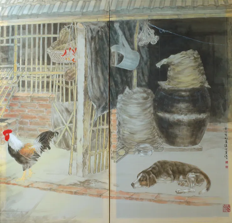 〈後院清晨〉局部－右二屏