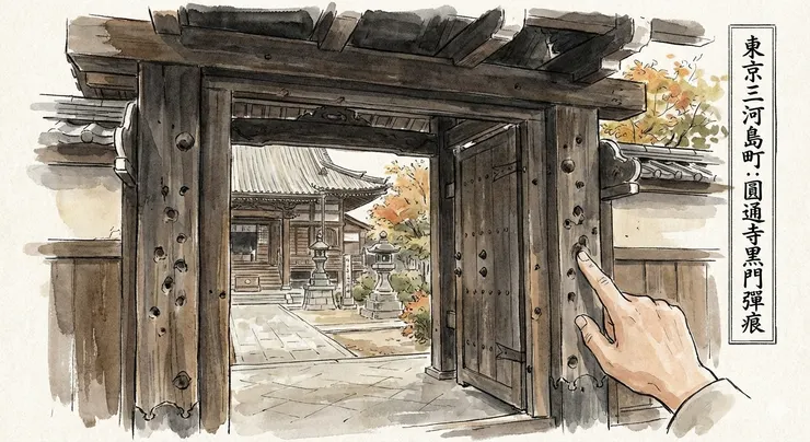 圓通寺內屹立的「黑門彈痕」