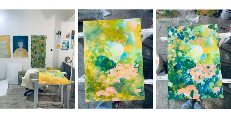 右下角是已經上過第一層顏色的畫布、憑著肌肉記憶畫的屋頂、接近最後的樣貌