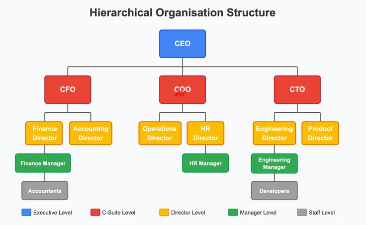 階級制 (Hierarchical)：上司與下屬的層層管理關係明確