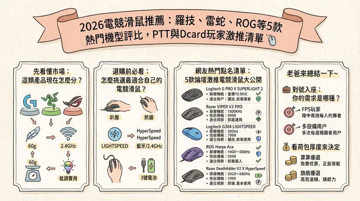 2026電競滑鼠推薦：羅技、雷蛇、ROG等5款熱門機型評比，PTT與Dcard玩家激推清單 🖱️