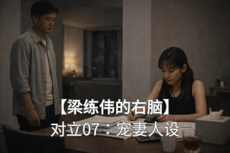 白小姐在餐桌前整理婚礼资料，梁练伟站在一旁